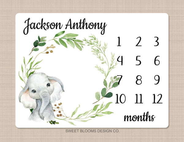Elephant Milestone Blanket Baby Boy Monthly Growth Tracker Watercolor Sweet Blooms Decor