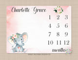 Elephant Milestone Blanket Girl Coral Pink Blush Floral Personalized Monthly Newborn Baby Girl Watercolor  Flowers Baby Shower Gift B690
