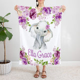 Elephant Purple Floral Baby Girl Name Blanket, Elephant Baby Shower Gift