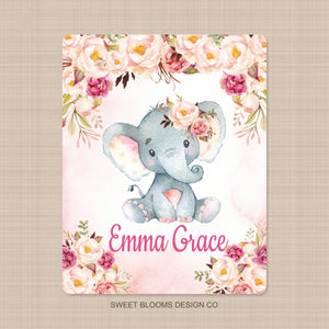 Elephants Baby Girl Name Blanket Watercolor Coral Blush Pink Peach Magenta Floral Girl Name Monogram Flowers Baby Shower Gift Bedding B924