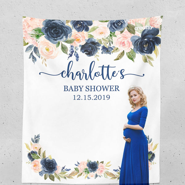 Floral Baby Shower Backdrop with Navy Blue Blush Pink Coral