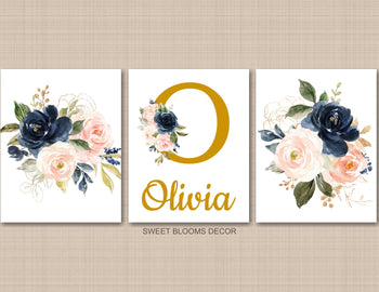 Floral Girl Nursery Wall Art Watercolor Blush Pink Coral Navy Blue Flowers Name Sign