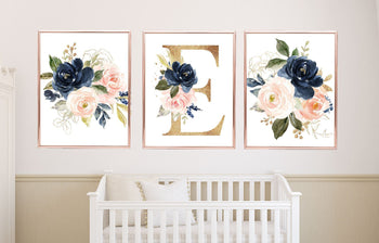 Floral Girl Nursery Wall Art Watercolor Pink Coral Blush Navy Blue Gold Modern Boho Flowers Baby Shower Gift Baby Room C823-Sweet Blooms Decor