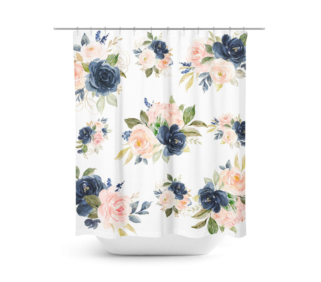 Floral Shower Curtain Blush Pink Coral Navy Blue Watercolor Flowers Beach Bathroom Decor Bath Mat Modern Guest Bathroom Girls Bathroom P118