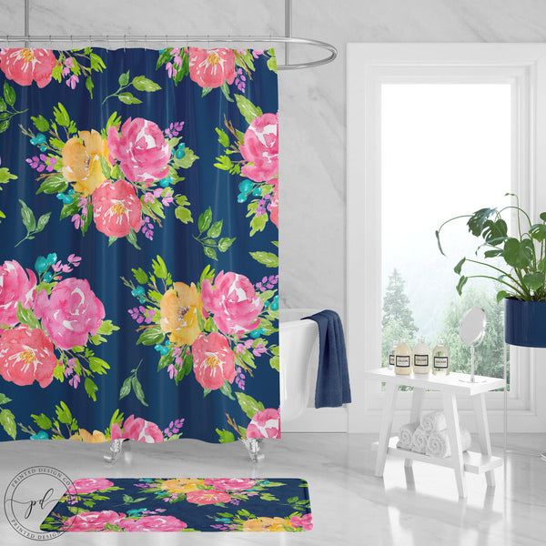 Navy and pink shower curtain store