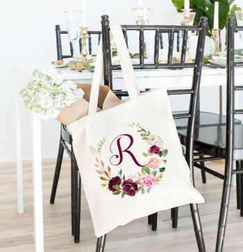 Floral Tote Personalized Monogram Initial Pink Red Purple Burgundy Flowers Wreath Wedding Bride Bridesmaid Mother of the Bride 171