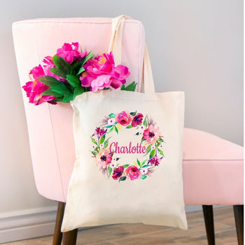 Floral Tote Bag Personalized Name Birthday Pink Flowers Canvas Wedding Bride Bridesmaid Mother of the Bride Girl Gift Watercolor Wreath 149-Sweet Blooms Decor