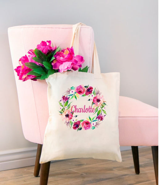 Floral Bridal Party Canvas Tote Bag with Name - Personalized Brides