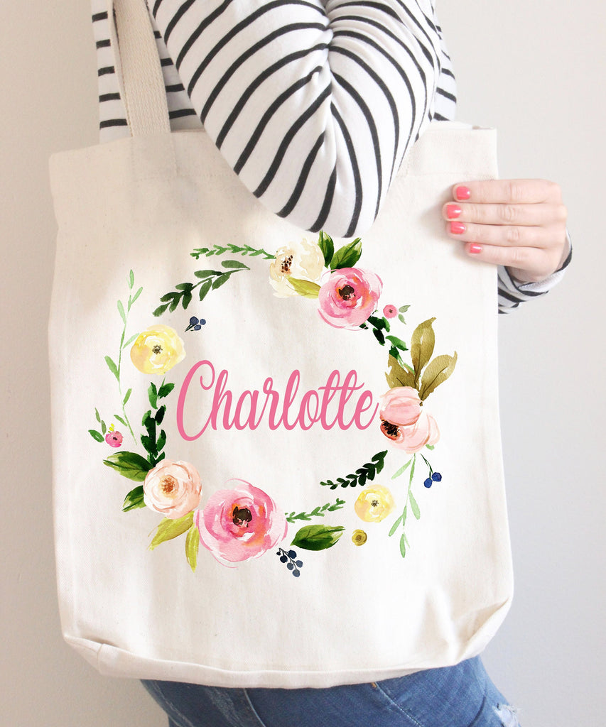 Floral Tote Bag Personalized Name Birthday Pink Flowers Canvas Wedding Bride Bridesmaid Mother of the Bride Girl Gift Watercolor Wreath-Sweet Blooms Decor