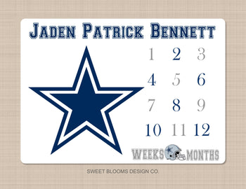 Football Milestone Blanket Dallas Cowboys Navy Blue Gray Personalized Baby Shower Gift B791