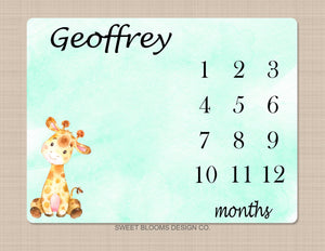Giraffe Milestone Blanket Monthly Growth Tracker Monthly Baby Blanket Watercolor Wreath Name Boy Nursery Bedding Baby Shower Gift Decor B811