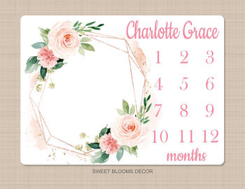 Girl Milestone Blanket Floral Coral Blush Pink Gold Flowers Leaves B1084