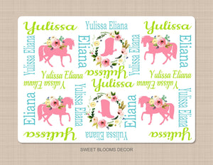 Horse Baby Girl Name Blanket Florals Boots Shoes Swaddling Blanket Pink Flowers Baby Shower Gift B1043