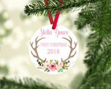 Deer Christmas Ornament Dear Antler Floral Personalized Baby Girl 1st First Christmas Woodland Shower Gift New Baby floral Ornament Flowers