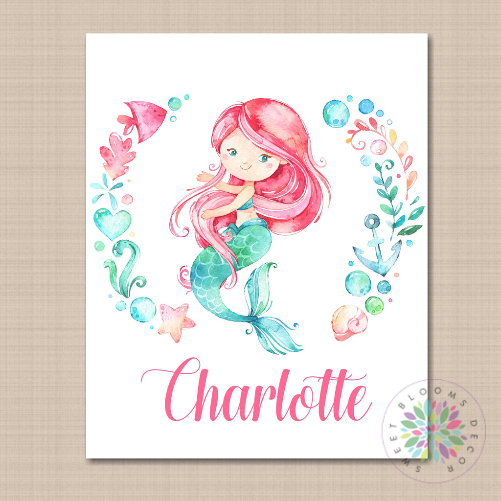 Mermaid Wall Art Nursery Wall Art Watercolor Mermaid Bedroom Decor  Girl Room Wall Art Birthday Decor Bathroom Wall Art CANVAS C764