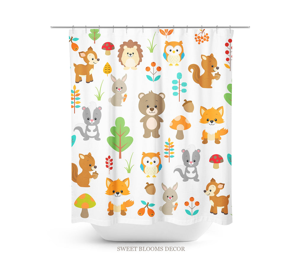 Woodland Animals Shower Curtain Woodland Forest Bath Kids Bathroom Girl Boy Baby Bathroom Decor Siblings Brother Sister S156