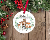 Woodland Christmas Ornament Animals Personalized Baby Boy 1st First Christmas eucalyptus Forest Shower Gift New Baby Holiday Ornament 164