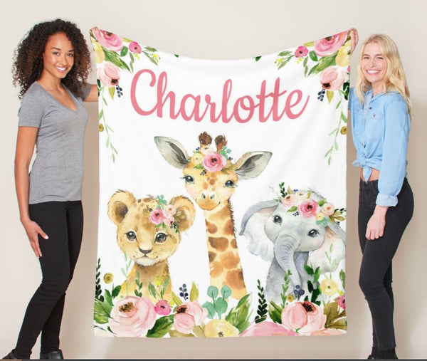 Safari Animals Girl Nursery Wall Art Watercolor Pink Coral Mint Floral ...