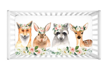 Woodland Animals Girl Floral Crib Sheet, Watercolor Coral Blush Pink Flowers Newborn Baby Shower Gift Nursery Mattress Cover C106