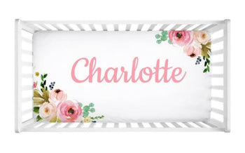 Floral Crib Sheet Watercolor Coral Blush Pink Name Newborn Baby Girl Flowers Shower Gift Nursery Mattress Cover C111