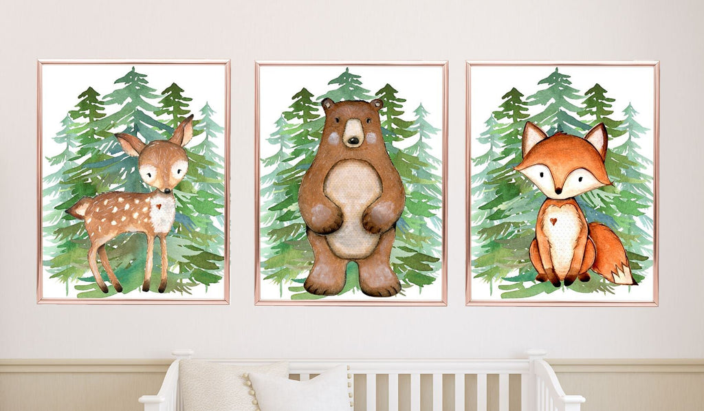 Woodland Animals Evergreens Pine Trees Forest Nursery Decor Baby Shower Gift Set: Crib Sheet,16x16 Throw Pillow,3(11x14) Unframed Wall Art