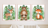 Woodland Animals Evergreens Pine Trees Forest Nursery Decor Baby Shower Gift Set: Crib Sheet,16x16 Throw Pillow,3(11x14) Unframed Wall Art
