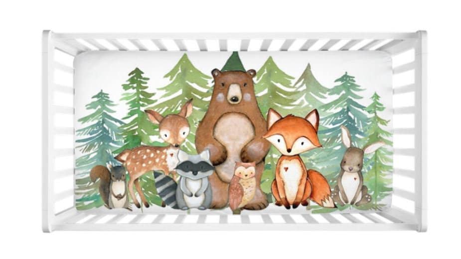 Woodland Animals Evergreens Pine Trees Forest Nursery Decor Baby Shower Gift Set: Crib Sheet,16x16 Throw Pillow,3(11x14) Unframed Wall Art