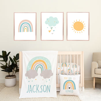 Rainbow Nursery Bedding Set Boy Girl Gender Neutral Crib Sheet,16x16 Throw Pillow,30x40 Minky Blanket,3(11x14) Wall Art, Baby Shower Gift