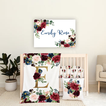 Burgundy Red Blush Pink Navy Blue Floral Girl Nursery Decor Bedding- Standard Crib Sheet,14x14 Throw Pillow,30x40 Minky Blanket,20x30 CANVAS