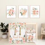 Peach Blush Pink Floral Baby Girl Nursery Bedding Baby Shower Gift: Crib Sheet,16x16 Throw Pillow,30x40 Minky Blanket,3(11x14) Wall Art