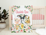Farm Animals Blush Pink Floral Baby Girl Nursery Bedding Shower Gift: Crib Sheet,16x16 Throw Pillow,30x40 Minky Blanket,3(11x14) Wall Art