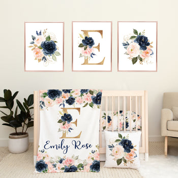 Blush Pink Navy Blue Gold Floral Girl Nursery Bedding Decor: Collection Crib Sheet,16x16 Throw Pillow,30x40 Minky Blanket,3(11x14) Wall Art