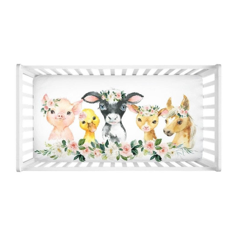 Farm Animals Crib Sheet, Blush Coral Pink Flowers Newborn Baby Shower Gift Nursery Crib Mattress Cover C168