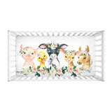 Farm Animals Crib Sheet, Blush Coral Pink Flowers Newborn Baby Shower Gift Nursery Crib Mattress Cover C168