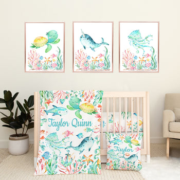 Sea  Animals Under The Sea Baby Ocean Nursery Bedding Baby Shower Gifts:Crib Sheet,16x16 Throw Pillow,30x40 Minky Blanket,3(11x14) Wall Art