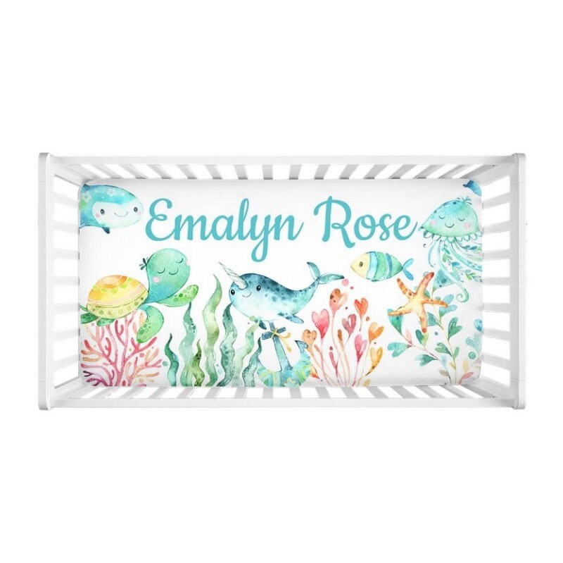 Sea Animals Animals Crib Sheet Under the Sea Watercolor Turtle Jelly Fish Narwhal Shark Baby Shower Gift Nursery Crib Mattress CoverC170