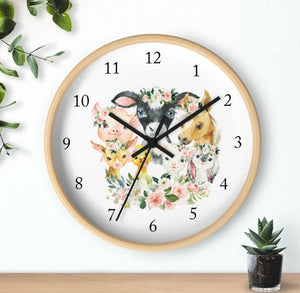 Farm Animals Floral Wall Clock, Blush Pink Watercolor Flowers Nursery Wall Clock, Bedroom Decor, Cow Pig Horse Chicken Goat Bunny T142