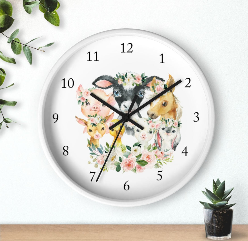 Farm Animals Floral Wall Clock, Blush Pink Watercolor Flowers Nursery Wall Clock, Bedroom Decor, Cow Pig Horse Chicken Goat Bunny T142
