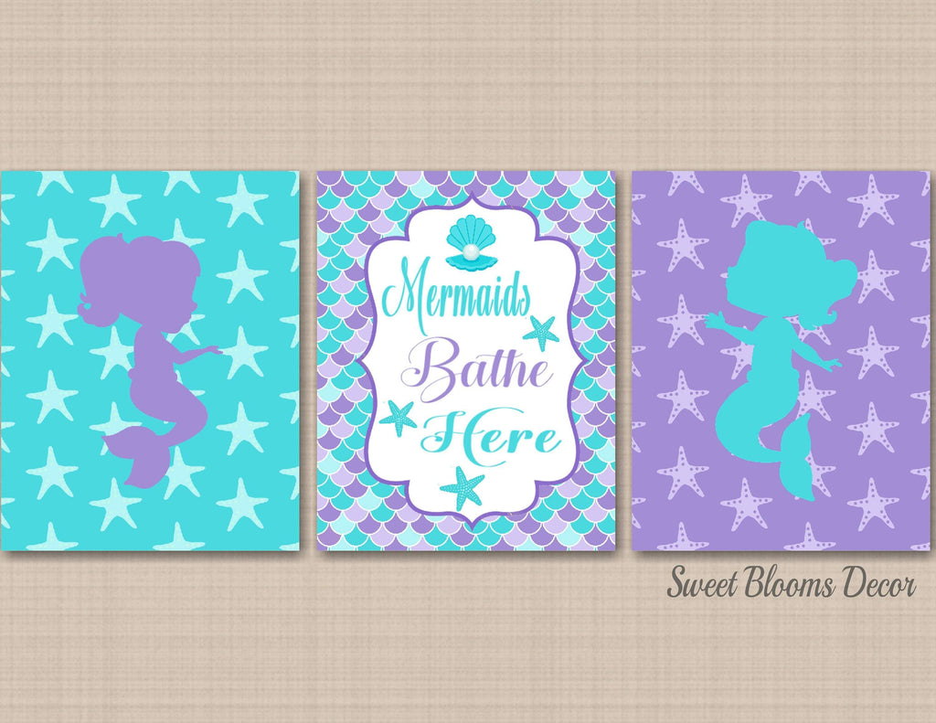 Mermaid Bathroom Wall Art Mermaid Room Decor Mermaid Bathroom Decor Mermaids Bathe Here Purple Teal Aqau PRINTS or CANVAS C567-Sweet Blooms Decor