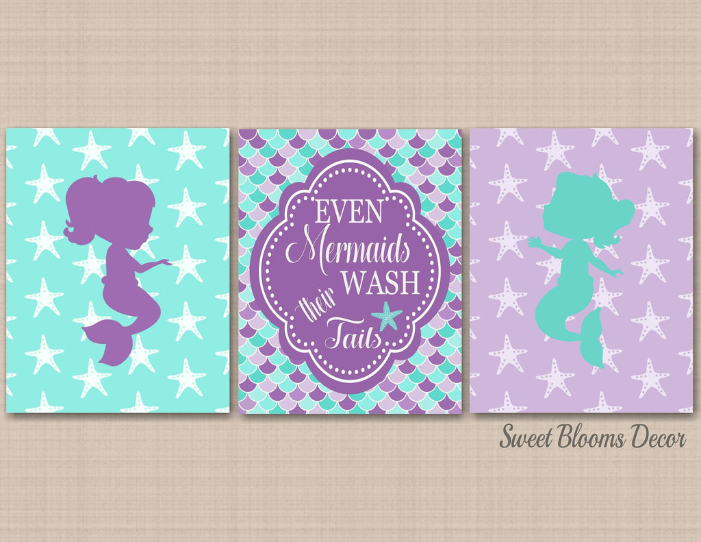 Mermaids Bathroom Wall Art Mermaid Bathroom Decor Purple Teal Aqua Scales Even Mermaids Wash Their Tails UNFRAMED PRINTS or CANVAS B164-Sweet Blooms Decor
