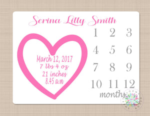 Milestone Baby Girl Blanket Pink Gray Hearts Monthly Personalized Blanket Girl Birth Announcement Baby Name Monthly Growth Tracker B218
