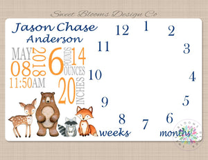 Milestone Blanket Woodland Animals Monthly Baby Blanket Birth Announcement Boy Photo Prop Birth Stats Personalized Baby Shower Gift B482-Sweet Blooms Decor