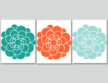 Modern Wall Art,Orange Aqua Teal Wall Art, Orange Floral Wall Art,Turquoise Orange Wall Decor,Orange  Aqua Bathroom Wall Custom Colors