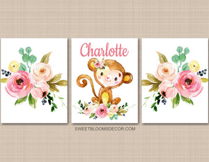 Monkey Girl Floral Nursery Wall Art Watercolor Pink Coral Mint Flowers Modern Baby SHower Gift Name Room Decor PRINTS OR CANVAS C901 