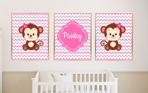 Monkeys Girl Nursery Wall Art Decor Pink Gray Chevron Baby Girl Bedroom Name Monogram Sisters Twins Flowers Floral C881-Sweet Blooms Decor