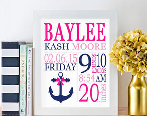 Nautical Baby Girl Birth Print Nautical Girl Birth Announcement Navy Blue Pink Anchor Nursery Decor Baby Shower Gift PRINT OR CANVAS 100-Sweet Blooms Decor