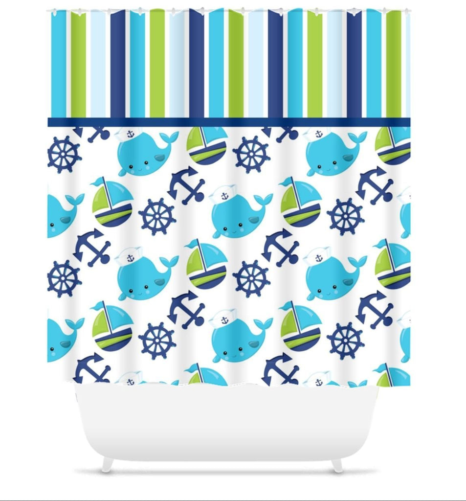 Nautical Shower Curtain Whale Shower Curtain Boat Anchor Navy Green Shower Curtain Whale Bathroom Decor Nautical Boy Bathoom Decor Art S107