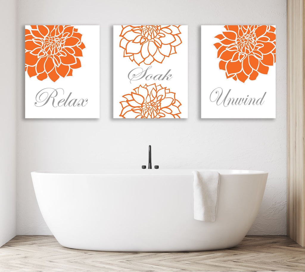 Orange Gray Bathroom Decor Orange Gray Floral Bathroom Wall Art Modern Bathroom Decor Relax Soak Unwind Guest Bathroom PRINTS OR CANVAS-Sweet Blooms Decor