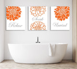 Orange Gray Bathroom Decor Orange Gray Floral Bathroom Wall Art Modern Bathroom Decor Relax Soak Unwind Guest Bathroom PRINTS OR CANVAS-Sweet Blooms Decor