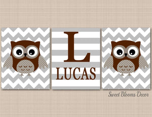 Owls Boy Nursery Wall Art Brown Gray Chevron Stripes Baby Bedroom Decor Name Monogram Baby Shower Gift Twins Brothers C347-Sweet Blooms Decor